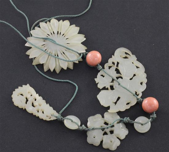 Four Chinese celadon bowenite jade flower and insect plaques, Yuan / Ming dynasty, the largest 4cm, damage to butterfly plaque